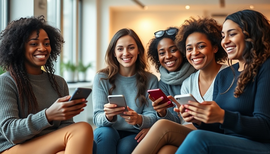Diverse women enjoying influencer marketing tools, smiling indoors.