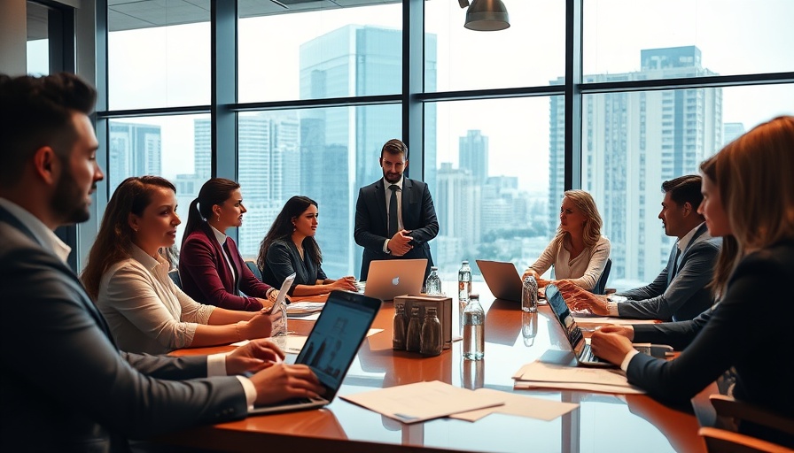 Business team discussing influence in real estate marketing in a modern office.
