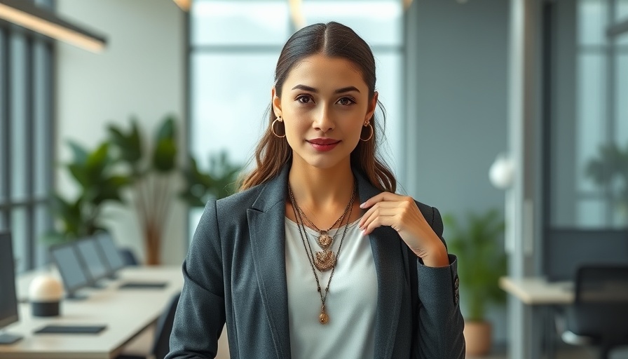 Young entrepreneur displaying vintage jewelry in a modern office.