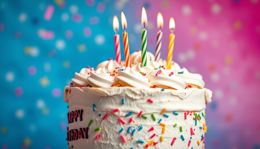 Playful birthday cake with candles on vibrant background.