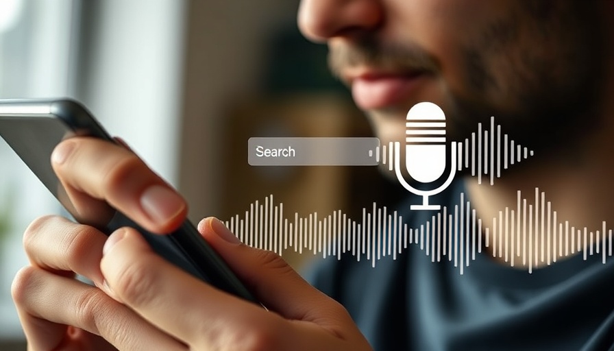 Man using smartphone for Voice Search SEO with digital soundwave.