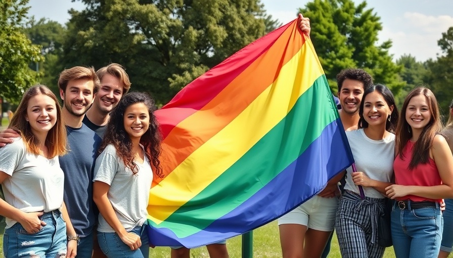 Diverse group supporting LGBTQ+ youth with rainbow flag.