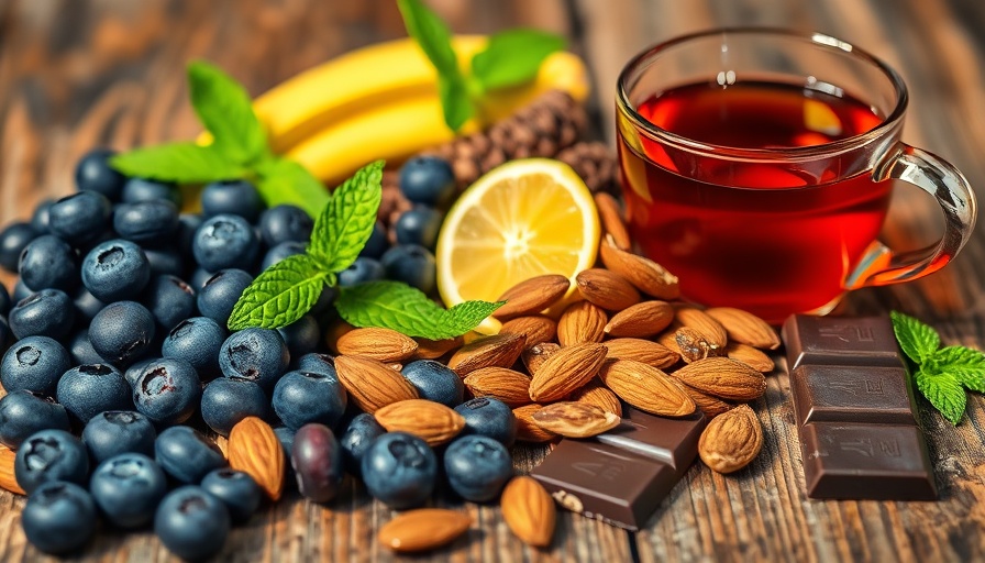 Colorful foods to help relieve anxiety, including blueberries and almonds.