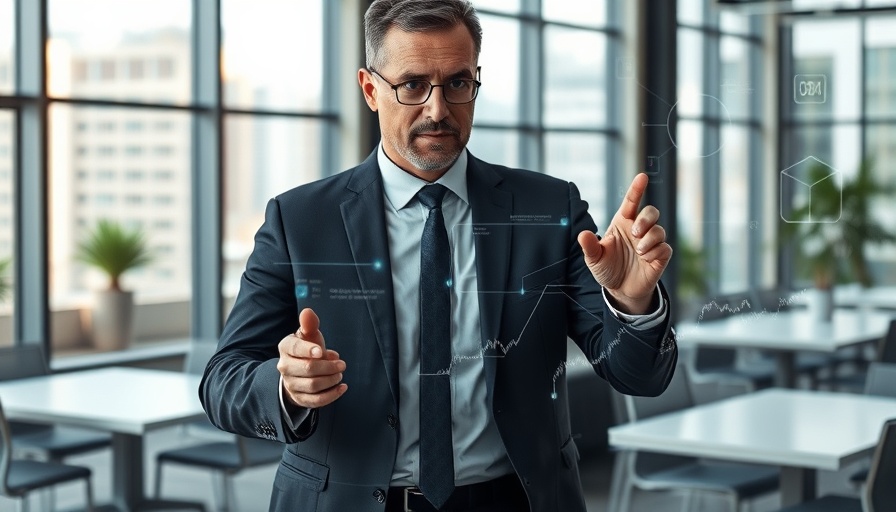 Businessman engaging with transparent AI interface in an office, Autonomous Agents in AI Ecosystem.