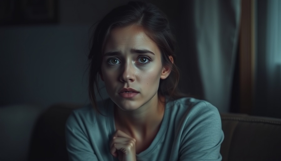 Young woman with anxiety in dimly lit room.