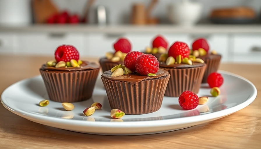Homemade chocolate cups with pistachios and berries on a white plate.