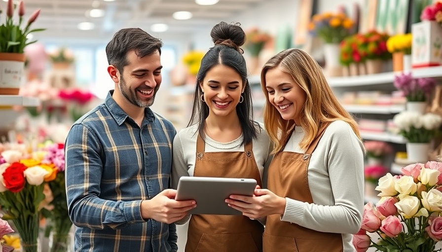 Retail store strategy, attract foot traffic, cheerful store employees with tablet.