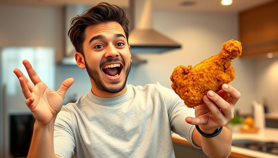 Young man promoting fried chicken in modern kitchen, 2025 Facebook ads.