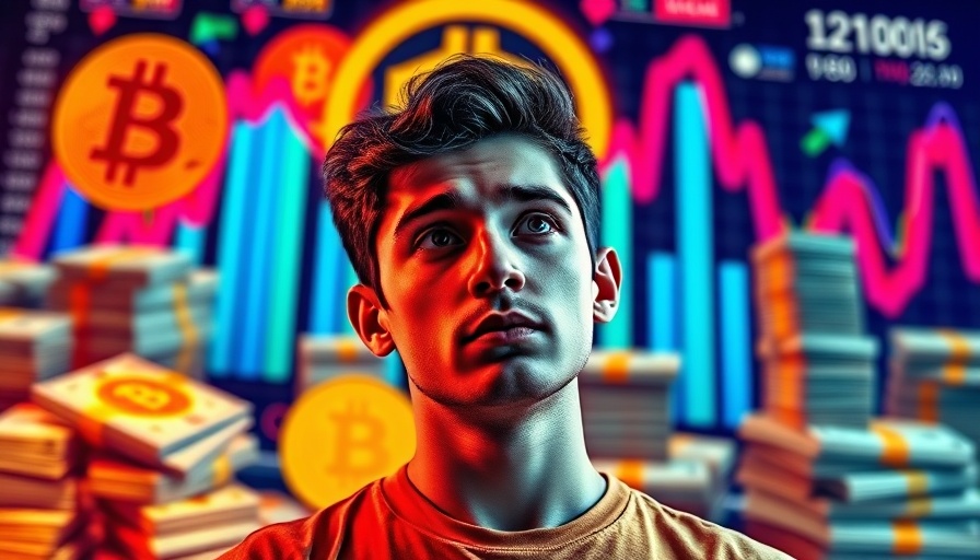 Curious man examines global liquidity in cryptocurrency markets with Bitcoin symbol.