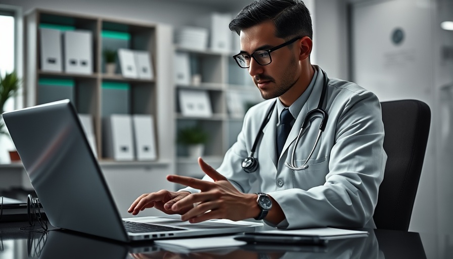 Medical professional gesturing at desk, symbolizing authority in marketing.