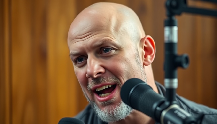 Bald man podcasting with lively expression, engaging content creation.