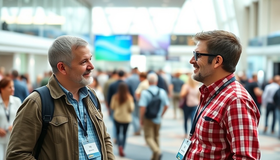 Men conversing at Bitcoin Conference 2025 in a modern hall.
