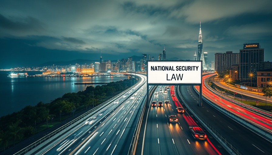 National Security Law billboard at night over busy highway.