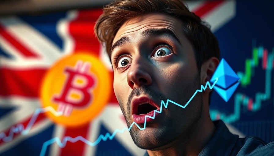 Bitcoin news today: Surprised man with crypto graphs and logos.