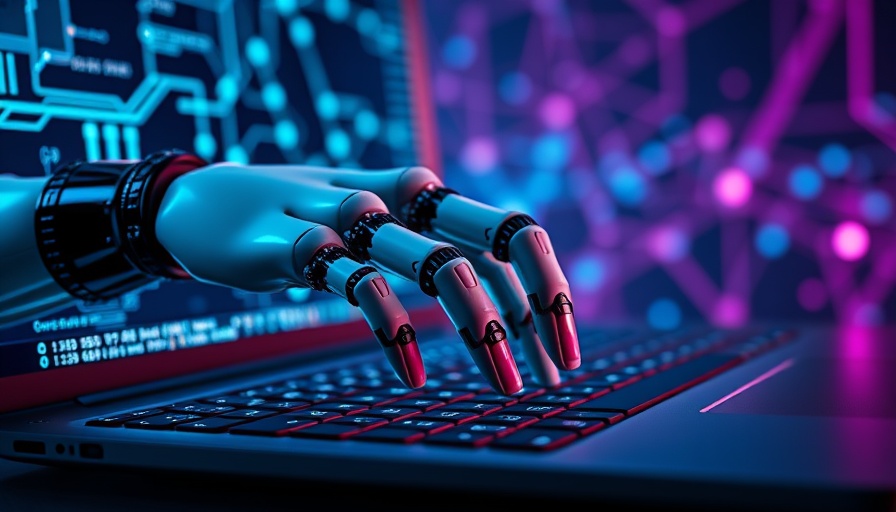 AI tools for B2B marketing safety with a robotic hand on a laptop.