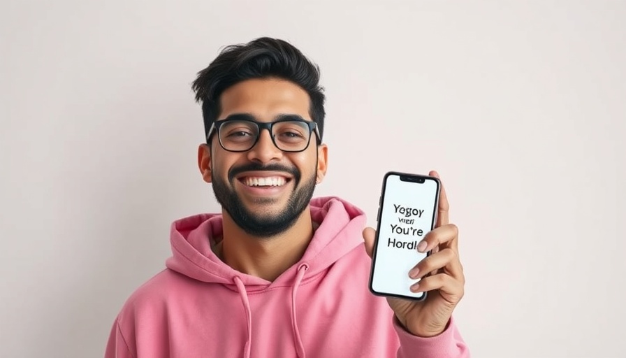 Smiling man holding phone with text on how to retrain your anxious mind.