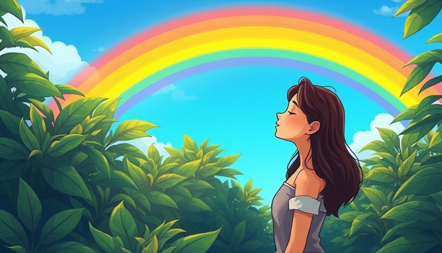 Serene young woman under rainbow, symbolizing mental health and hope.