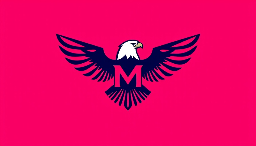 Minimalist eagle emblem with letter M on magenta background.