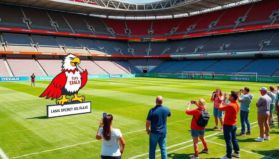 Soccer-friendly turf at stadium with cheerful sign and visitors.