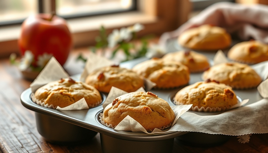 Healthy buffalo yogurt muffins on a rustic table with apple and daisies.