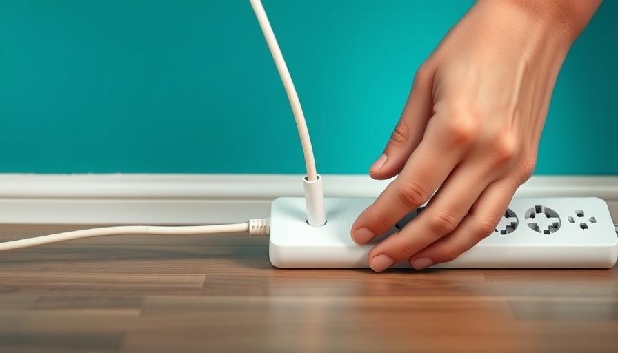 Close-up hands plugging into power strip, organized setup.