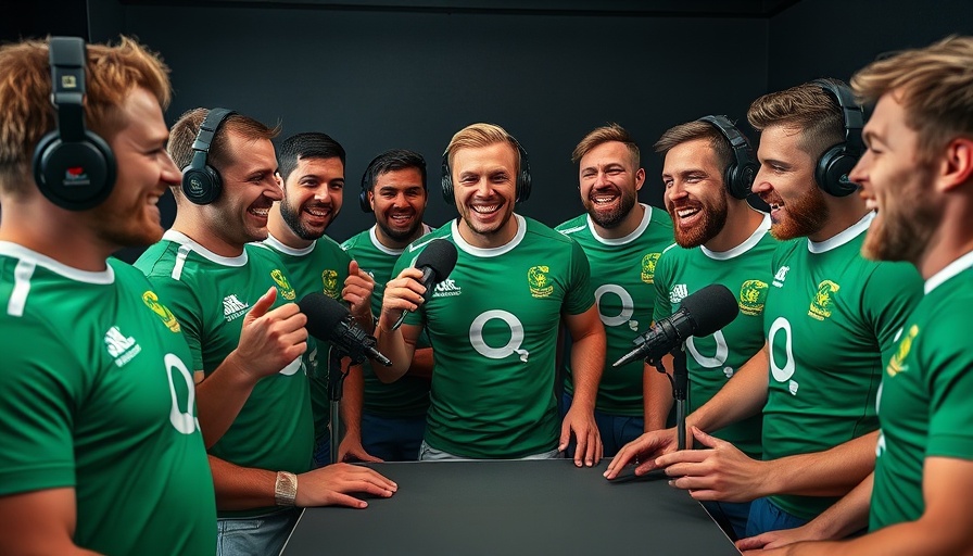 Springbok Rugby World Cup podcasters discussing in vibrant green jersey backgrounds.