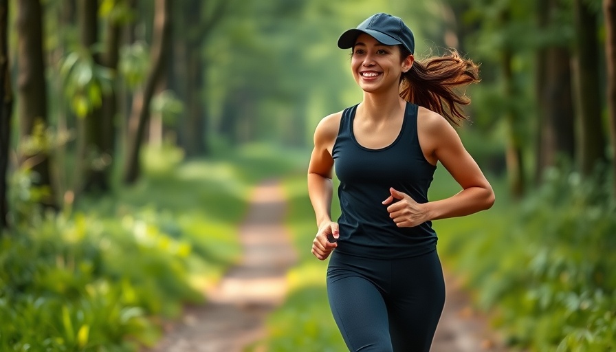 Young woman jogging, looking fresh after morning workout, in natural forest light.
