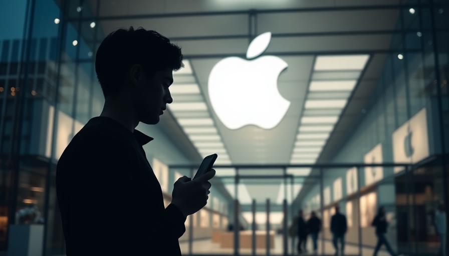 Apple Store exterior with user on smartphone, reflecting iOS 19 updates for digital marketing.