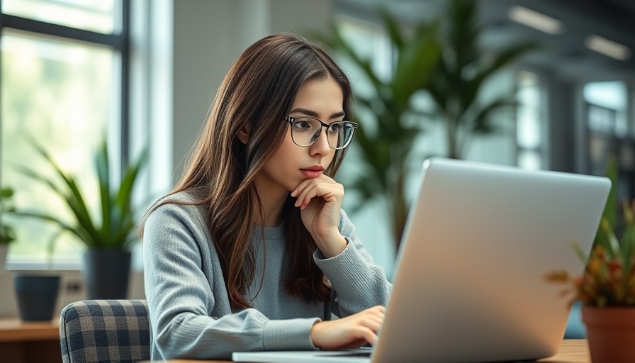 Focused woman on laptop, search experience optimization theme.