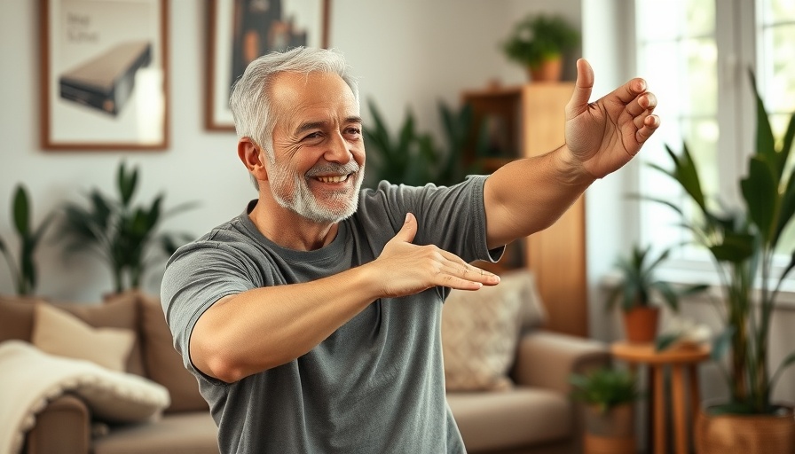 Older man demonstrating back pain relief techniques with side-stretch.