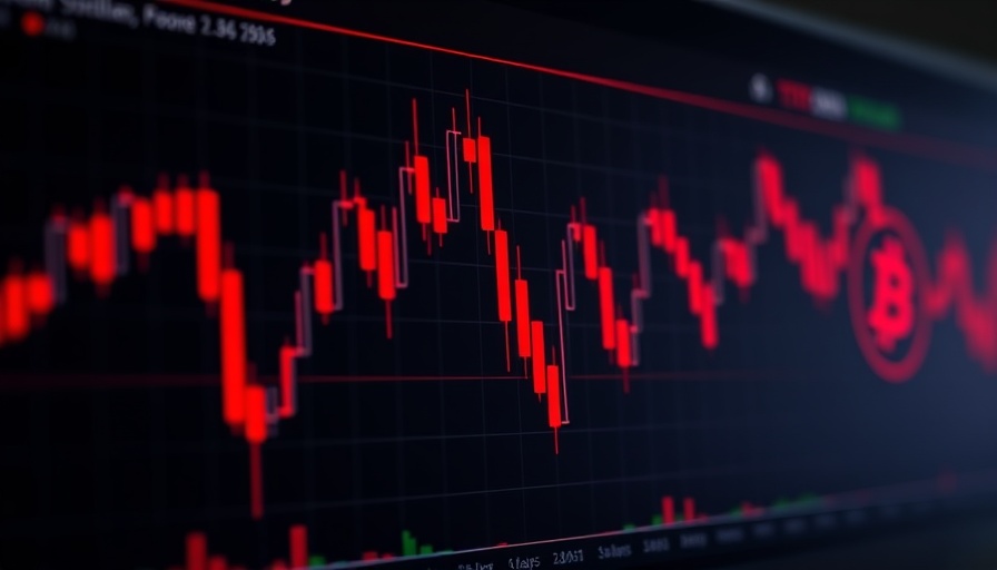 Bitcoin market trends shown with red candlestick chart.