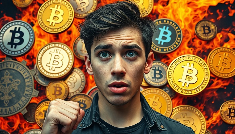 Bitcoin price alert with concerned person and crypto symbols in flames.