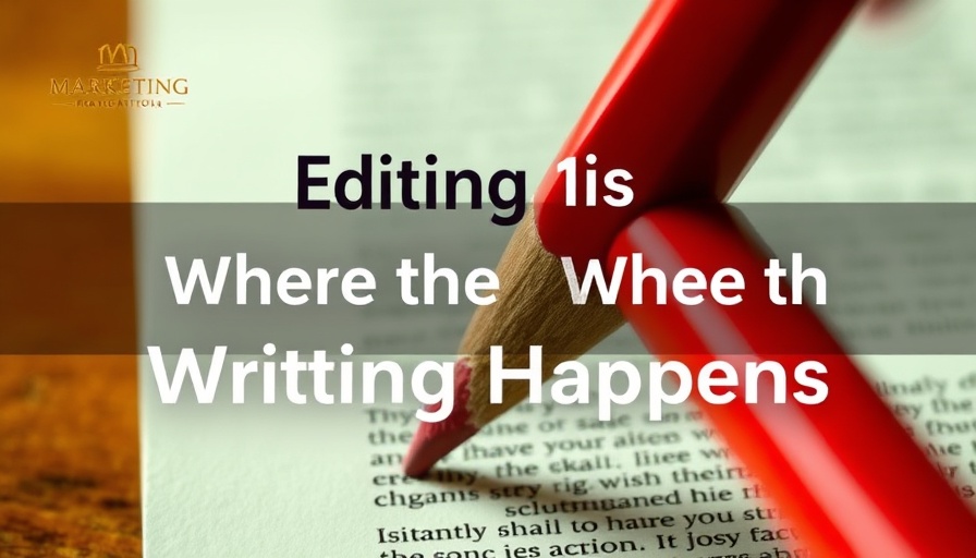 Red pencil editing a document with text overlay, content marketing strategies.