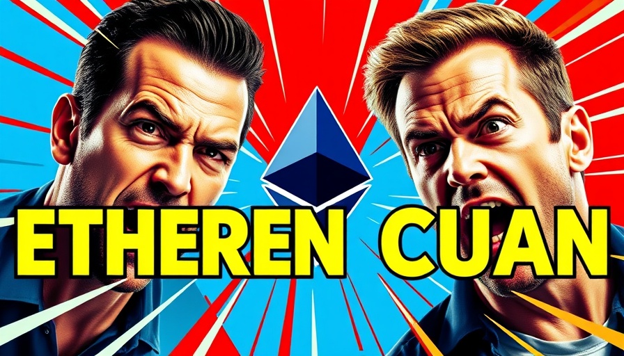 Ethereum price predictions graphic with two concerned men and Ethereum symbol.