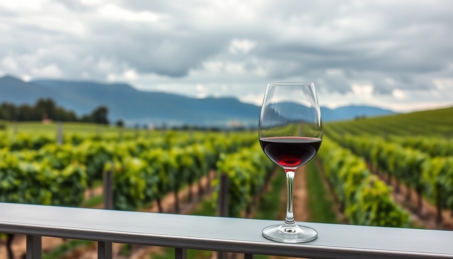 Wine glass overlooking vineyard in South Africa.
