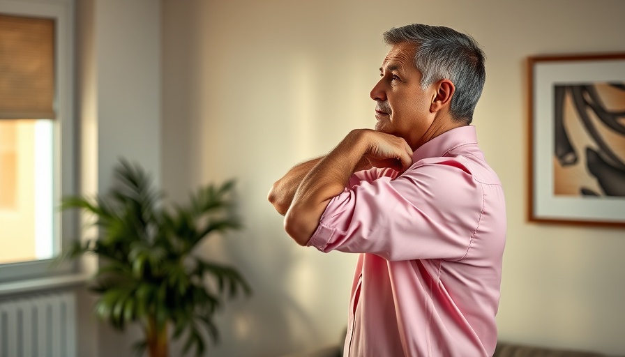 Middle-aged man demonstrating posture correction indoors.