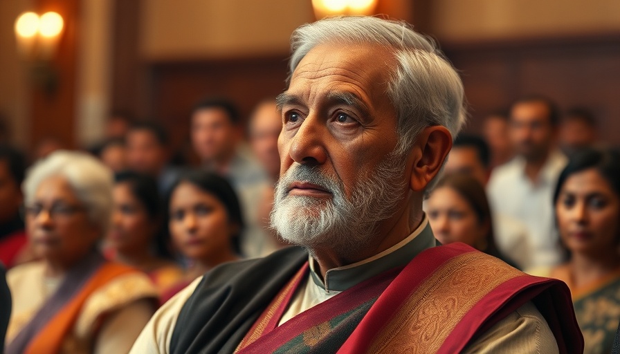 Contemplative older man in traditional attire at formal event.