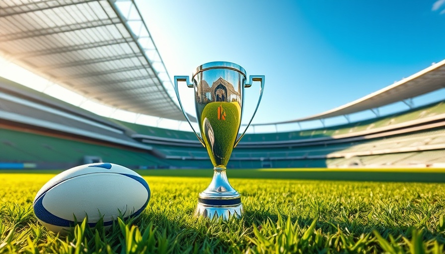 URC Grand Final trophy and rugby ball on stadium field under blue sky.