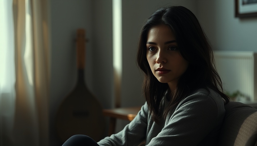 Contemplative young woman with anxiety disorders in dimly lit room.