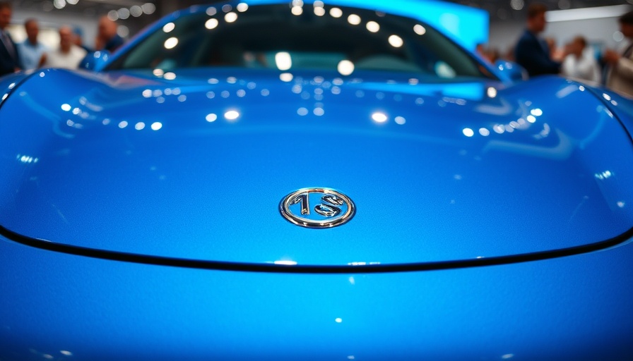 Shiny blue electric car hood with emblem in African market scene.