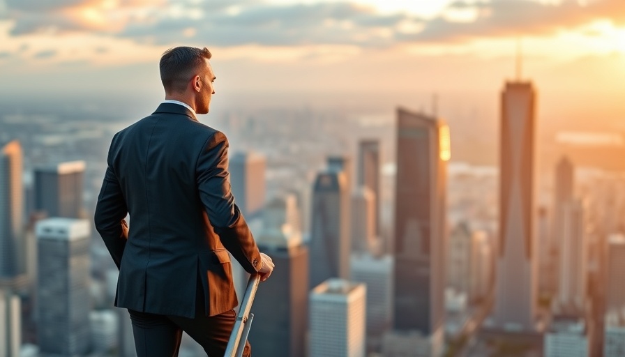 Businessman descending the corporate ladder against city skyline.