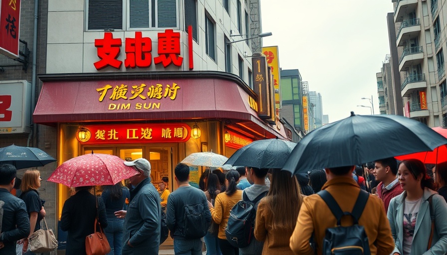 Queue of people with umbrellas outside a Hong Kong restaurant.