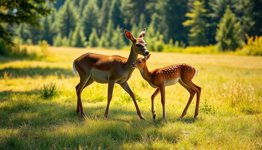Doe and fawn walking in a sunlit forest clearing, cultivating gratitude for mental health.