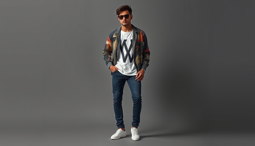 Sustainable fashion outfit with jeans, t-shirt, jacket, sneakers, sunglasses.