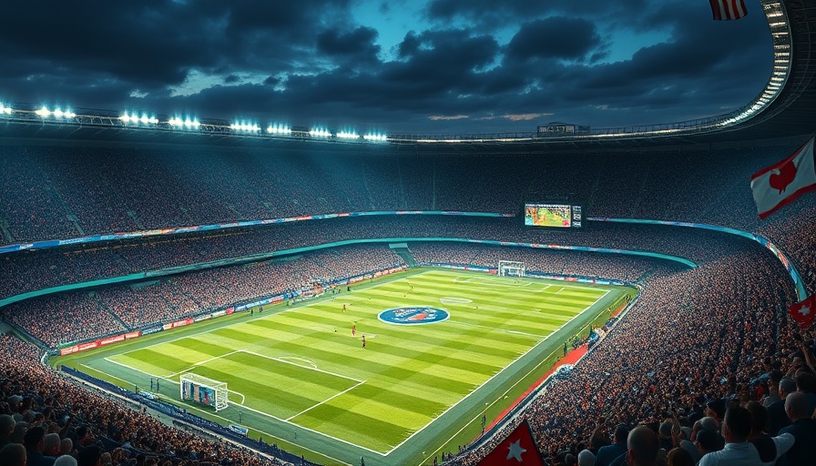 Rugby stadium with cheering fans and illuminated field.