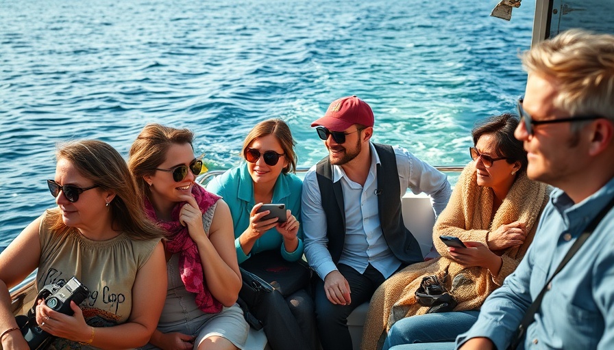 Group on a boat capturing moments, reflecting humanitarian aid in Gaza.