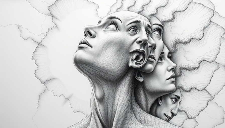 Contemporary art critique: Surreal pencil drawing of a human with three faces.