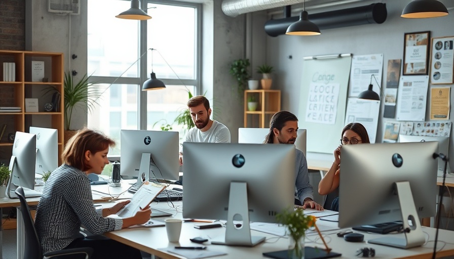 Young professionals designing branding services in a modern workspace.