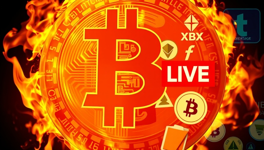 Bitcoin symbol aflame with live broadcast and mixed crypto logos.