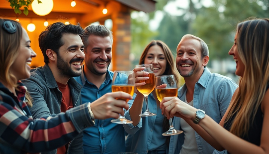 Friends toasting at a cozy outdoor dinner, experiencing happiness.
